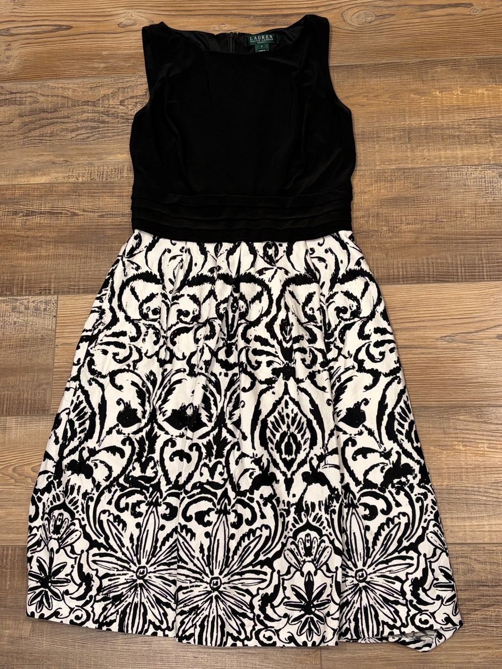 Ralph Lauren Black Bodice with Black & White Damask Midi Dress